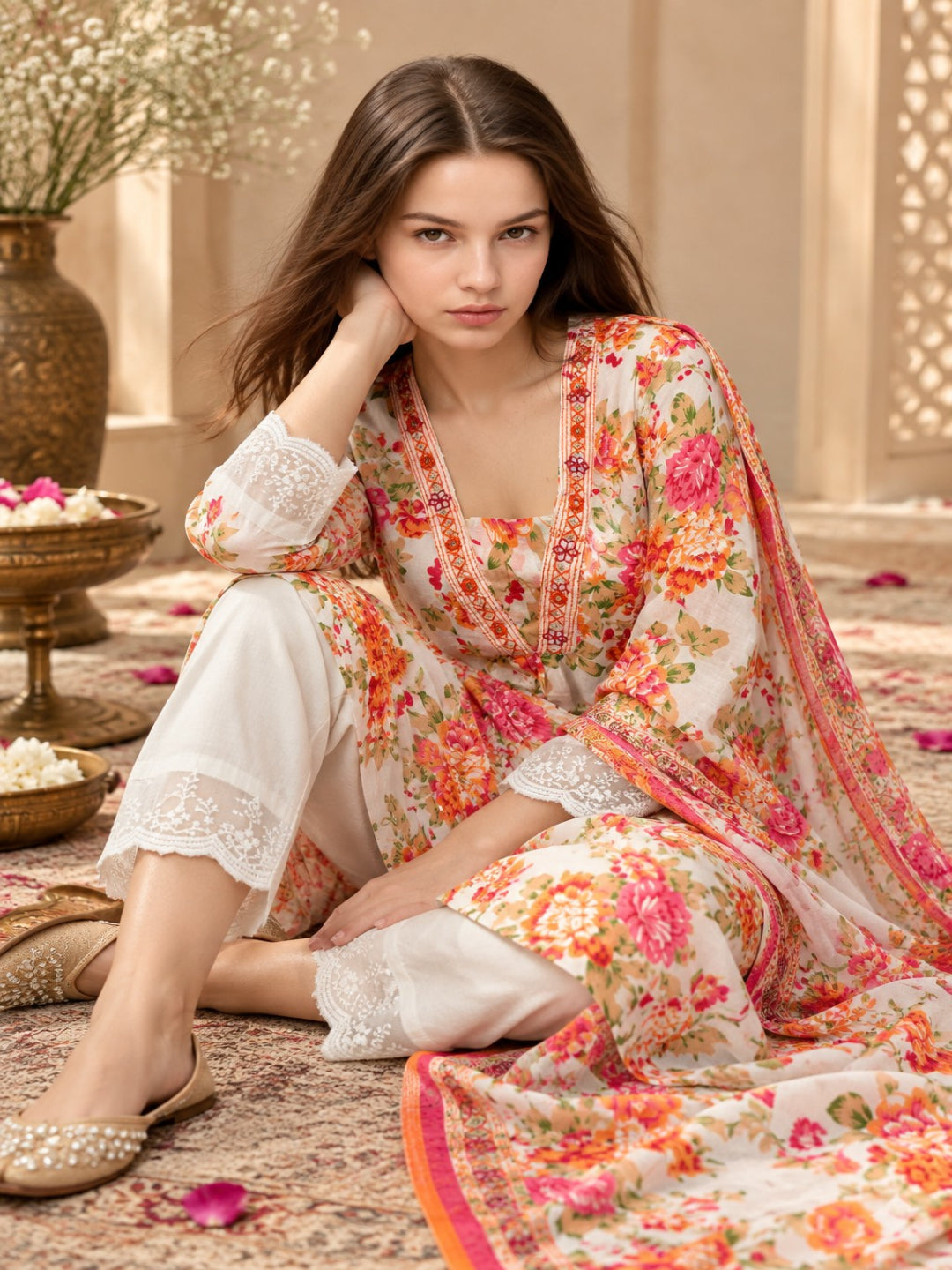 Pure Cotton Printed A-Line Kurta Set With Dupatta