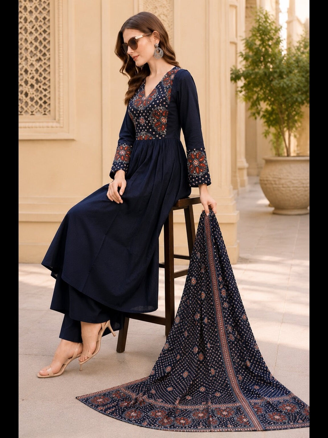 Pure Cotton Yoke Design Anarkali Kurta Set With Dupatta