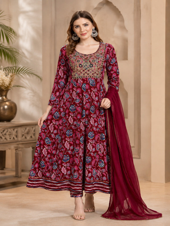 Viscose Rayon Printed A-Line Kurta Set With Dupatta