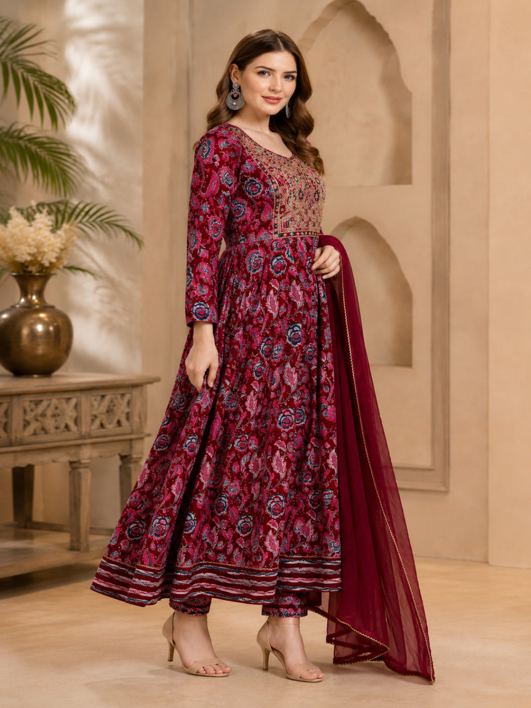 Viscose Rayon Printed A-Line Kurta Set With Dupatta