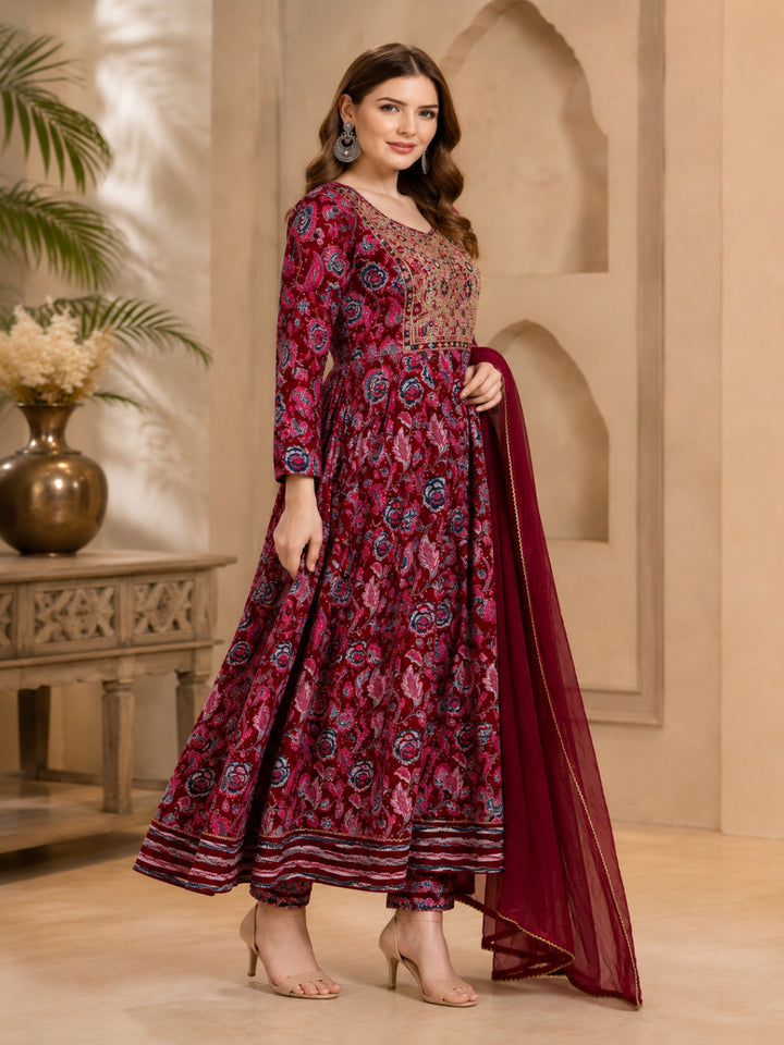 Viscose Rayon Printed A-Line Kurta Set With Dupatta