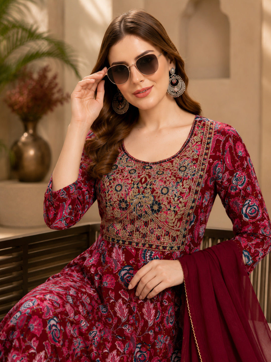 Viscose Rayon Printed A-Line Kurta Set With Dupatta