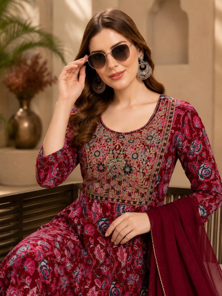 Viscose Rayon Printed A-Line Kurta Set With Dupatta