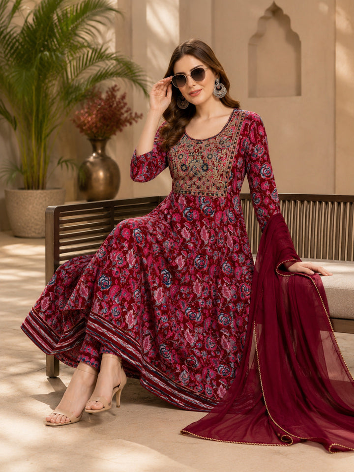 Viscose Rayon Printed A-Line Kurta Set With Dupatta