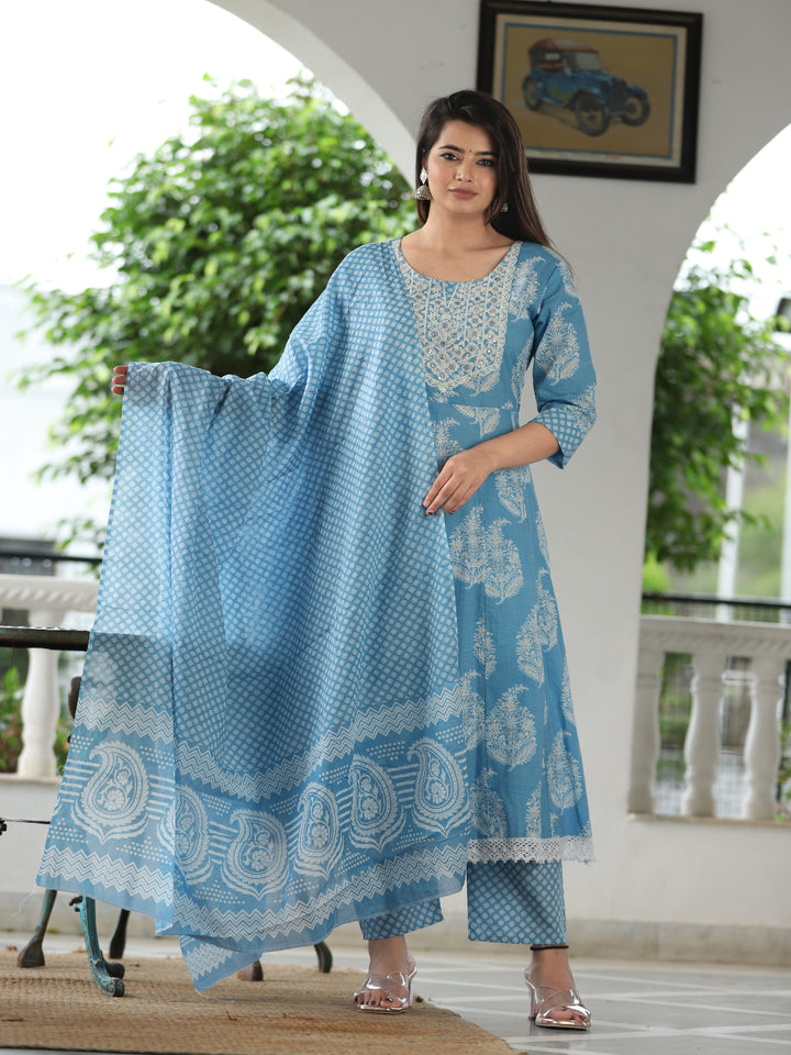 Pure Cotton Printed A-Line Kurta Set With Dupatta