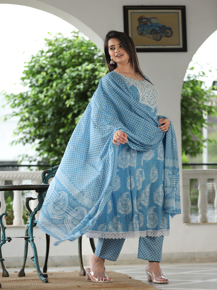 Pure Cotton Printed A-Line Kurta Set With Dupatta