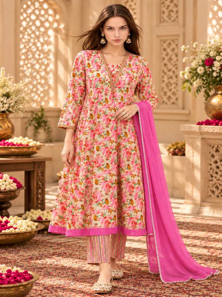 Viscose Rayon Printed A-Line Kurta Set With Dupatta