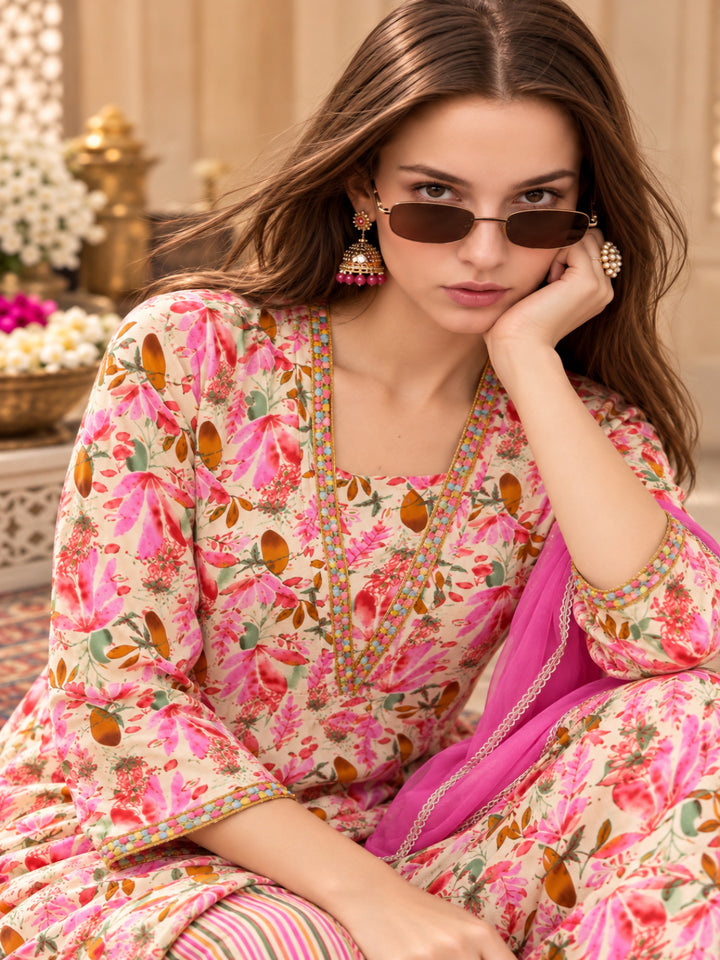 Viscose Rayon Printed A-Line Kurta Set With Dupatta