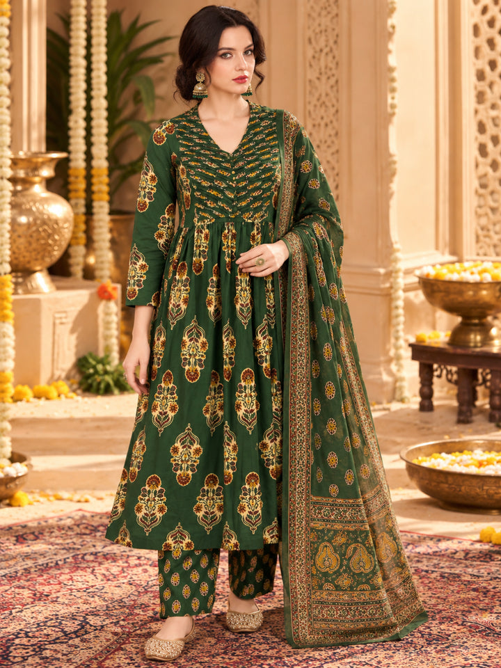 Pure Cotton Printed A-Line Kurta Set With Dupatta
