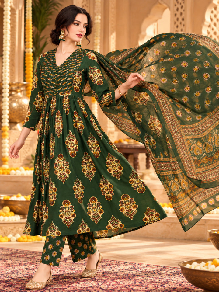 Pure Cotton Printed A-Line Kurta Set With Dupatta