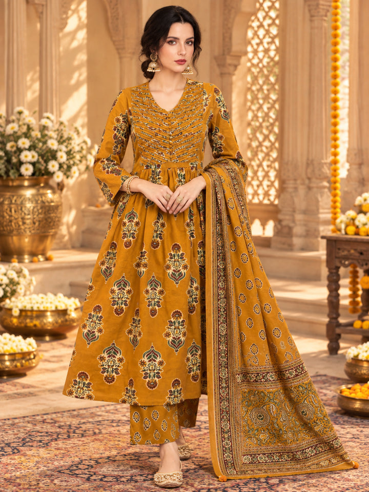 Pure Cotton Printed A-Line Kurta Set With Dupatta