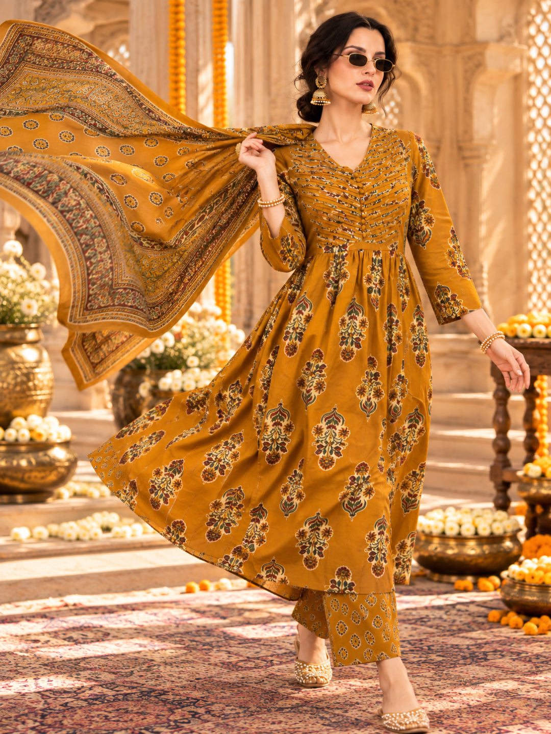 Pure Cotton Printed A-Line Kurta Set With Dupatta
