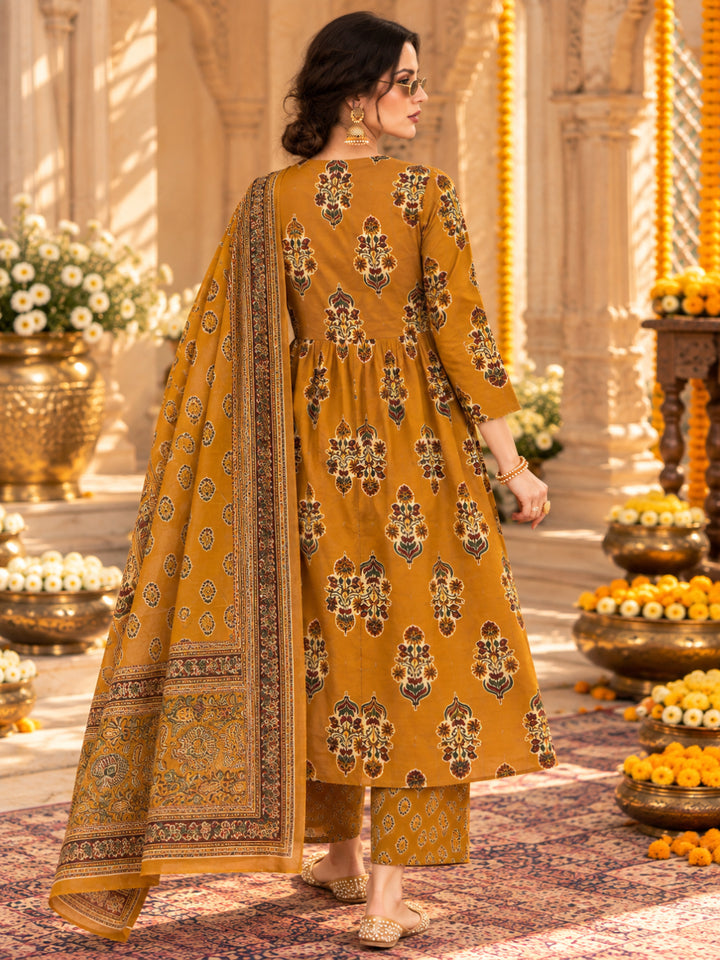 Pure Cotton Printed A-Line Kurta Set With Dupatta