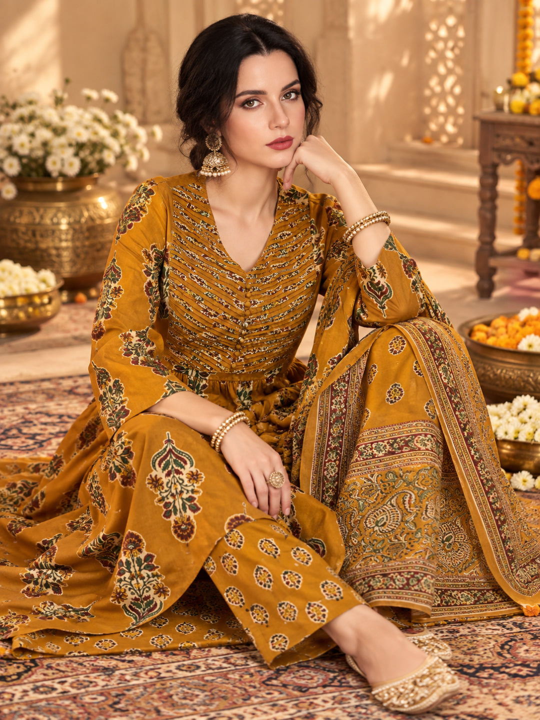 Pure Cotton Printed A-Line Kurta Set With Dupatta