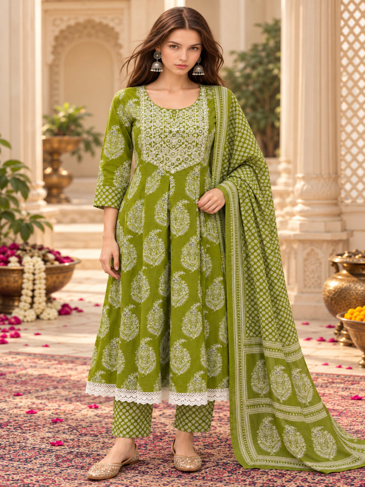 Pure Cotton Printed A-Line Kurta Set With Dupatta