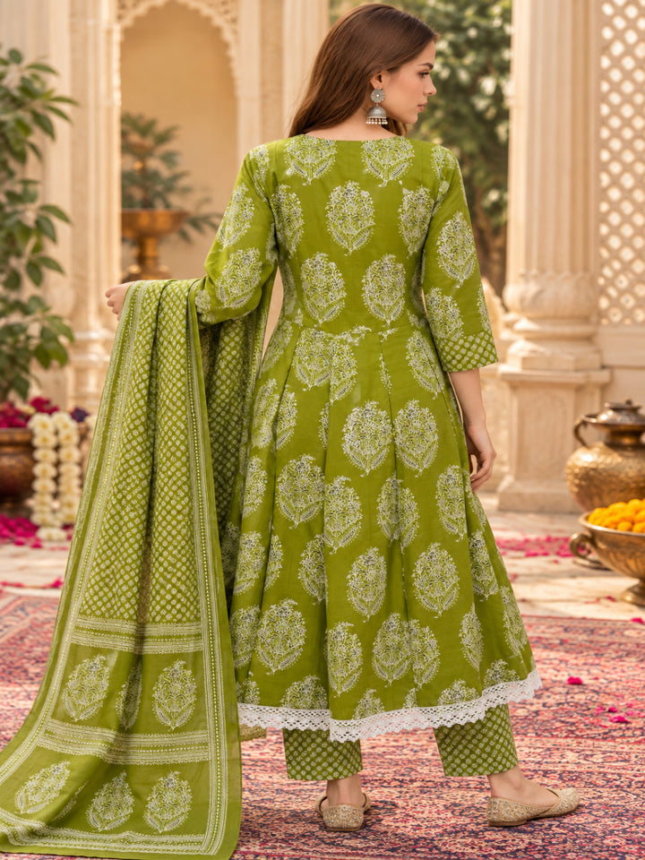 Pure Cotton Printed A-Line Kurta Set With Dupatta