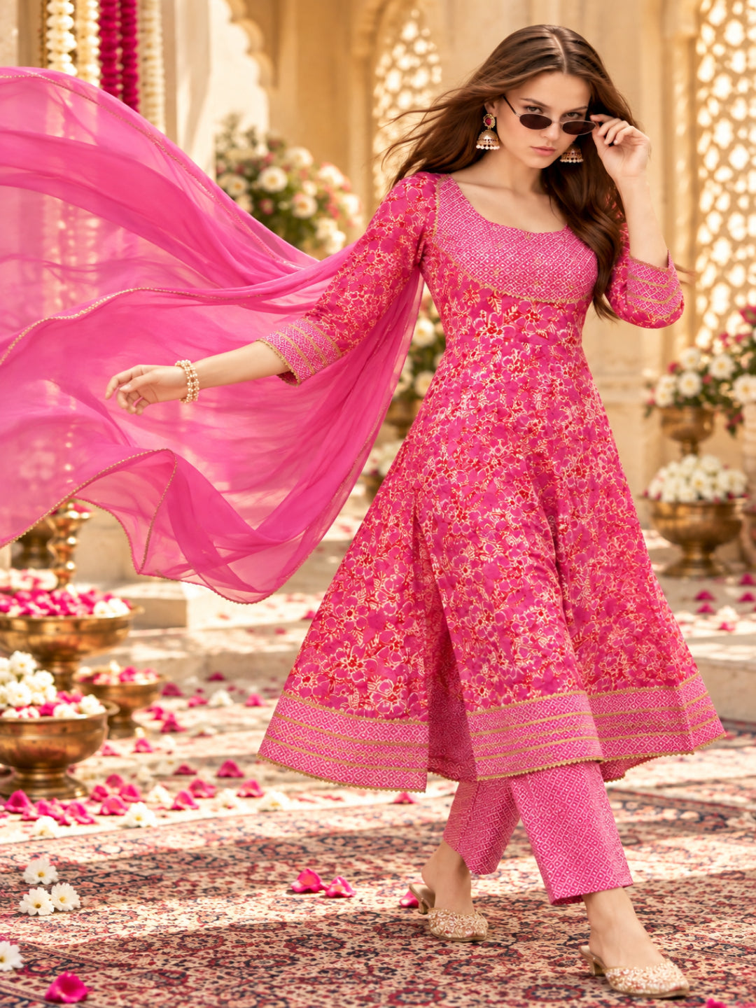Pure Cotton Printed A-Line Kurta Set With Dupatta