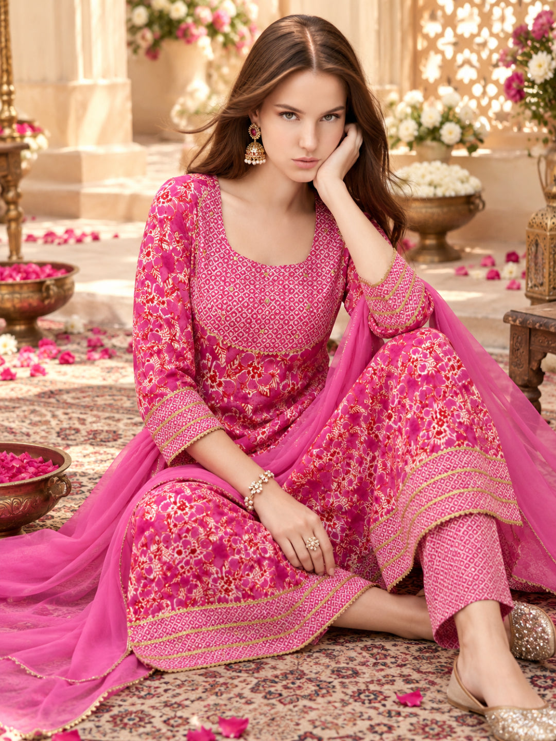 Pure Cotton Printed A-Line Kurta Set With Dupatta