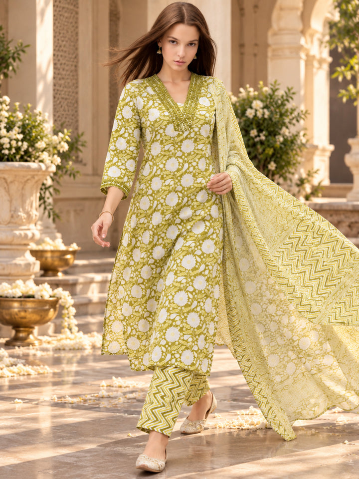 Pure Cotton Printed A-Line Kurta Set With Dupatta