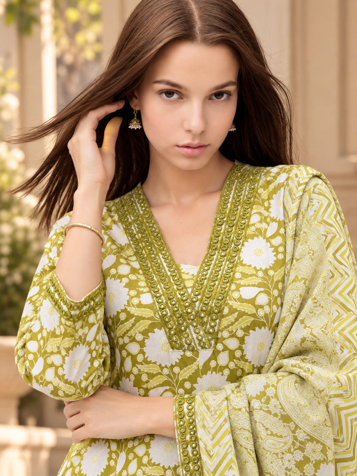 Pure Cotton Printed A-Line Kurta Set With Dupatta