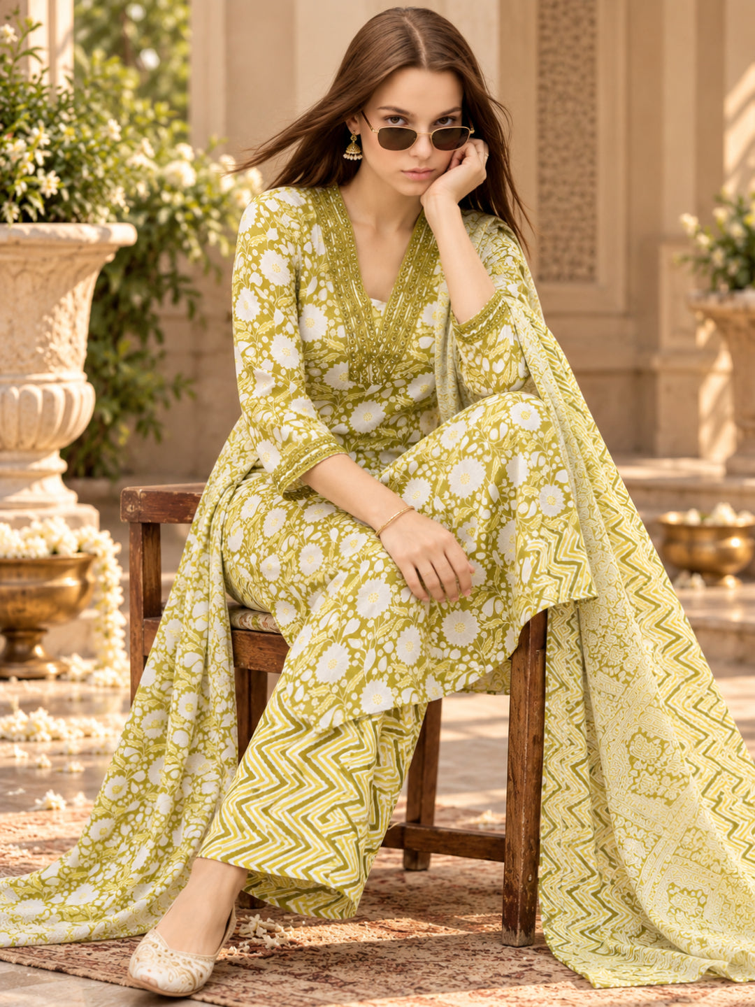 Pure Cotton Printed A-Line Kurta Set With Dupatta