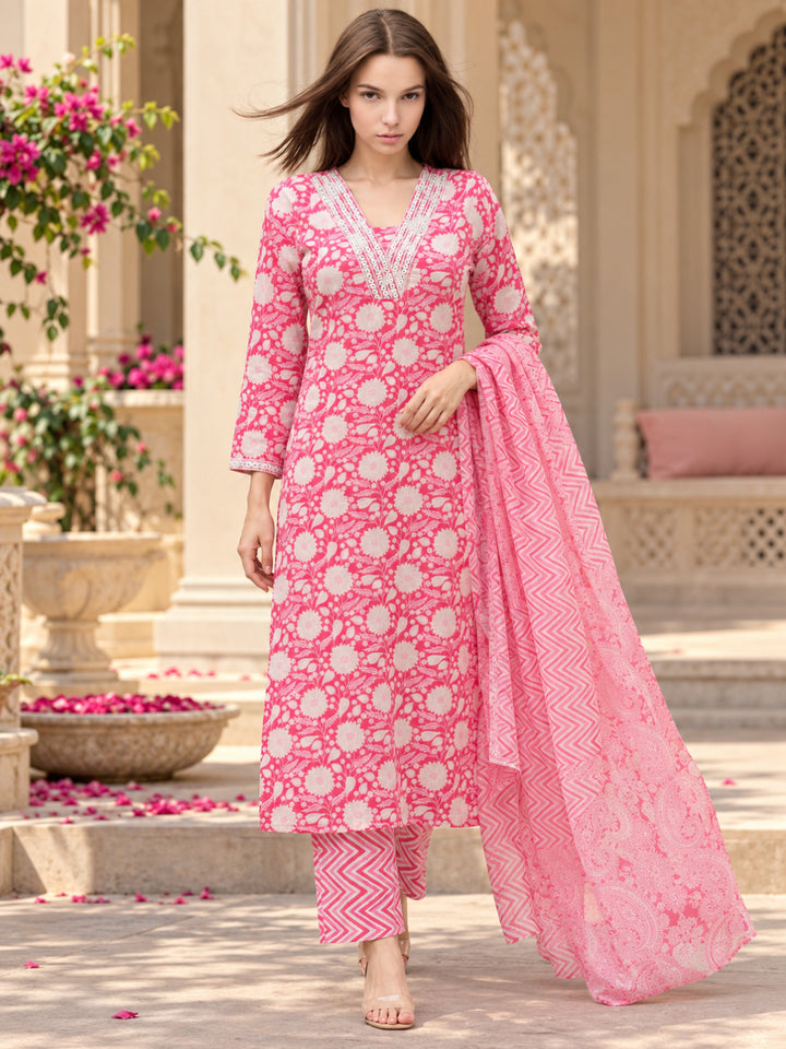 Pure Cotton Printed A-Line Kurta Set With Dupatta