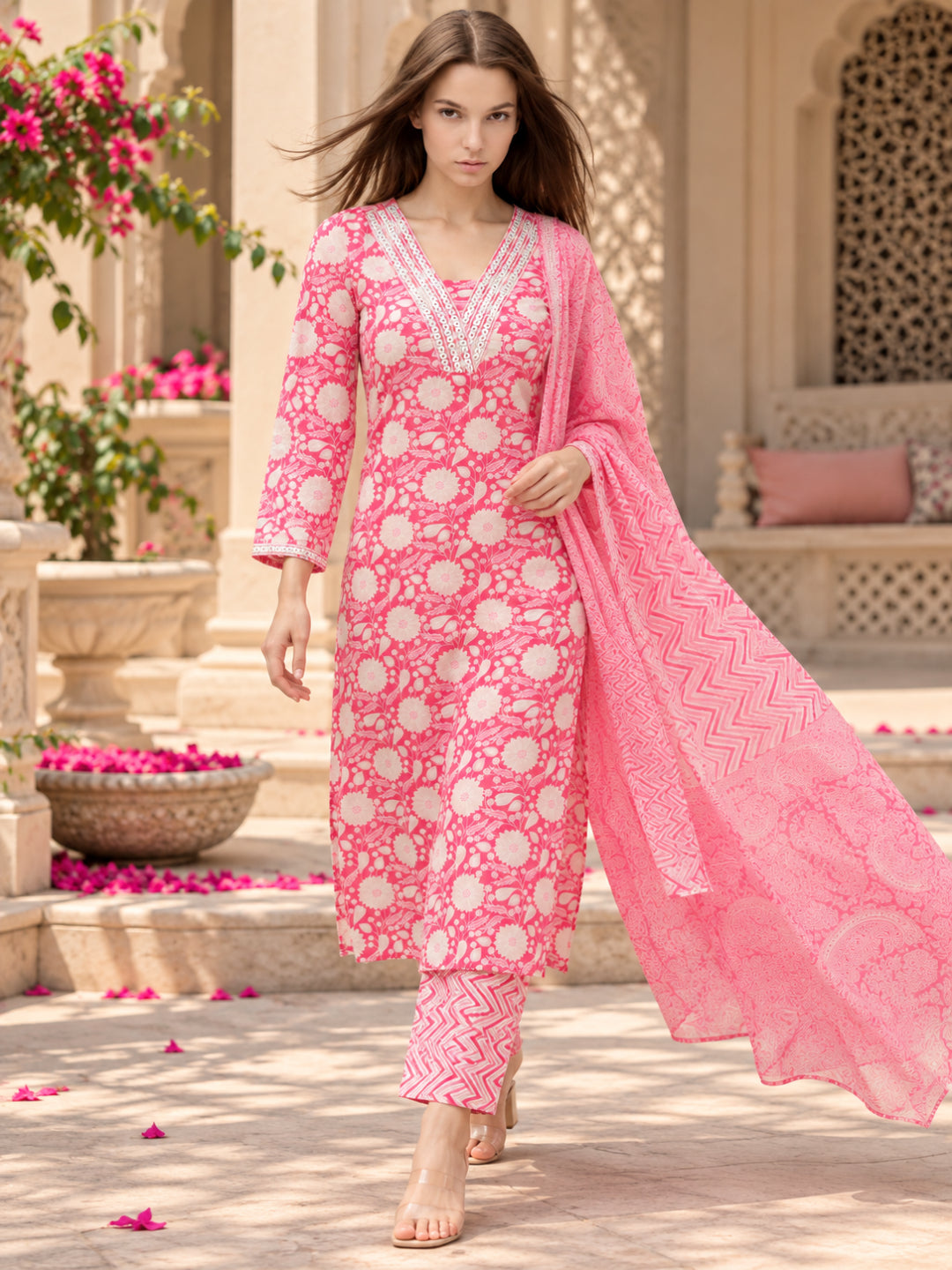 Pure Cotton Printed A-Line Kurta Set With Dupatta