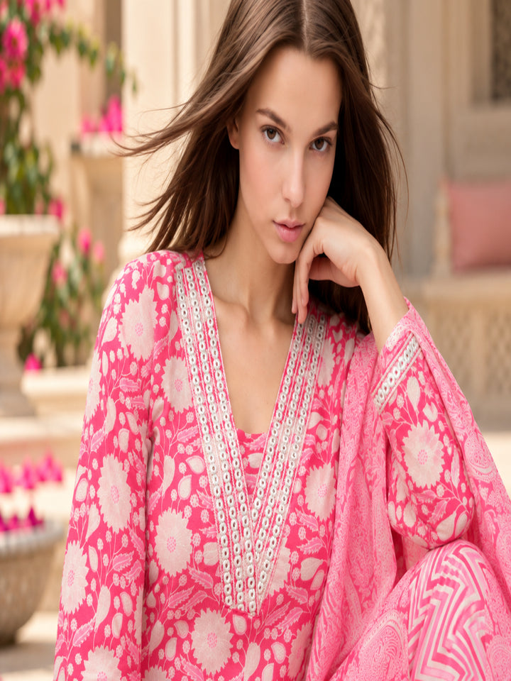 Pure Cotton Printed A-Line Kurta Set With Dupatta