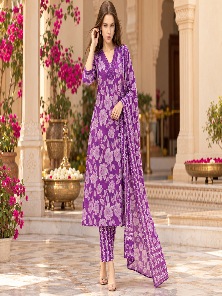 Pure Cotton Printed A-Line Kurta Set With Dupatta