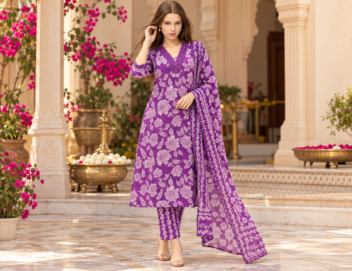 Pure Cotton Printed A-Line Kurta Set With Dupatta