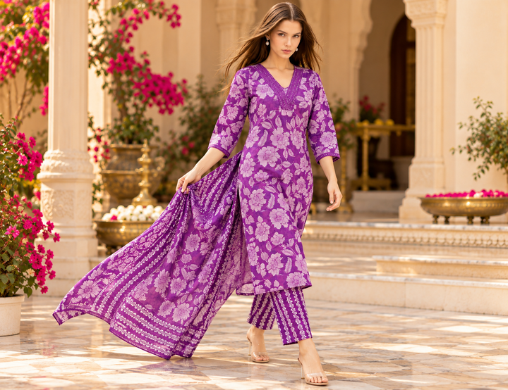 Pure Cotton Printed A-Line Kurta Set With Dupatta