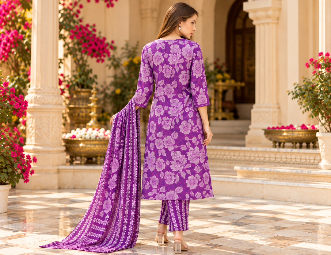 Pure Cotton Printed A-Line Kurta Set With Dupatta