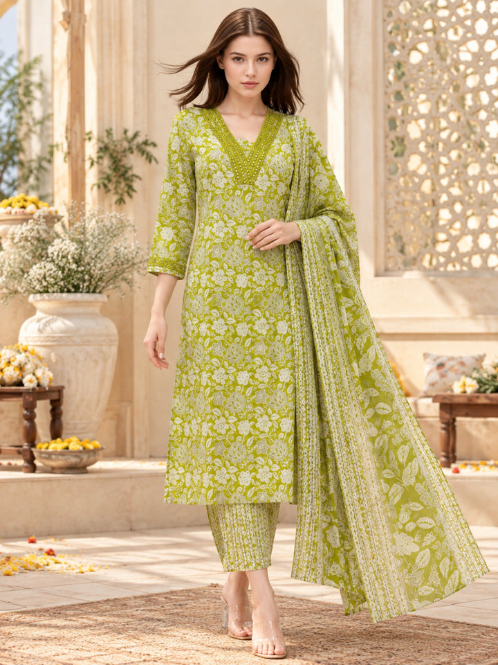 Pure Cotton Printed A-Line Kurta Set With Dupatta