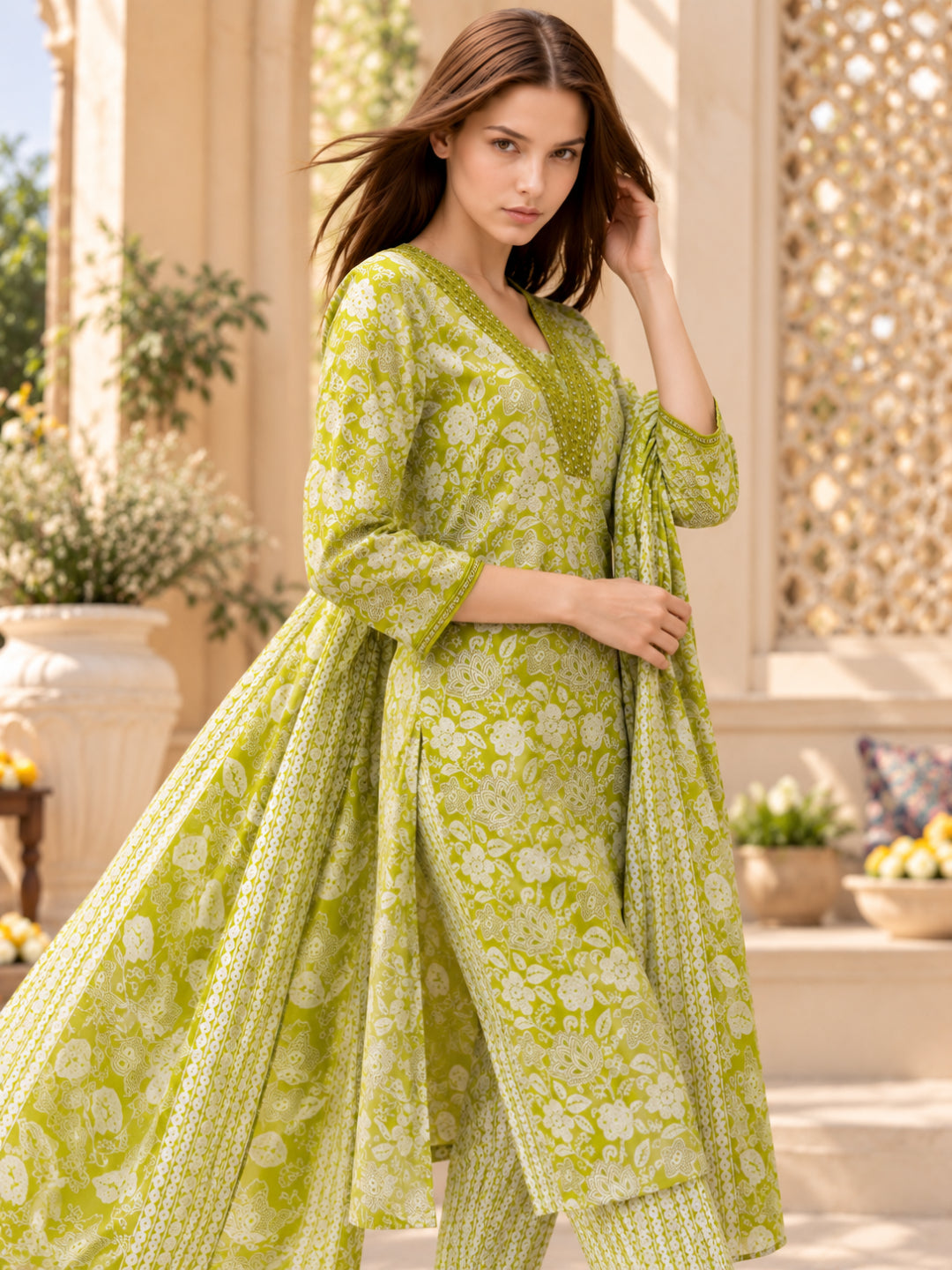 Pure Cotton Printed A-Line Kurta Set With Dupatta