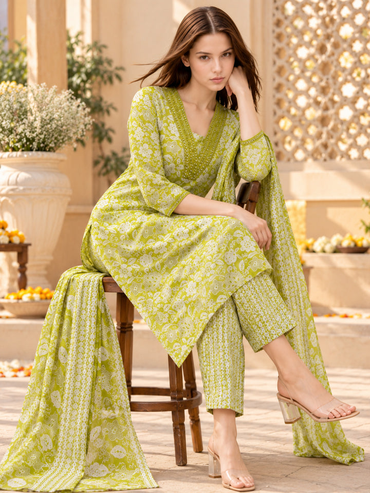 Pure Cotton Printed A-Line Kurta Set With Dupatta