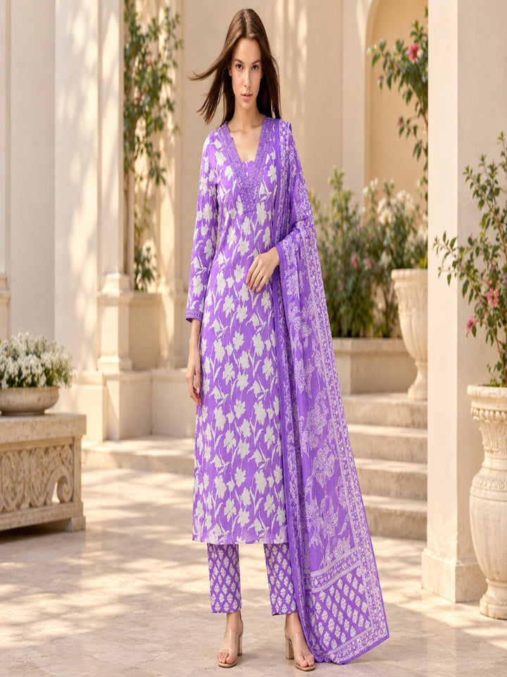 Pure Cotton Printed A-Line Kurta Set With Dupatta