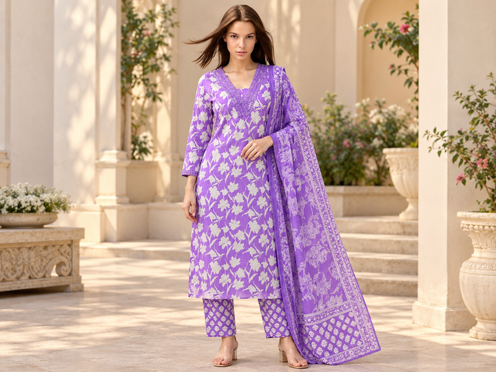 Pure Cotton Printed A-Line Kurta Set With Dupatta