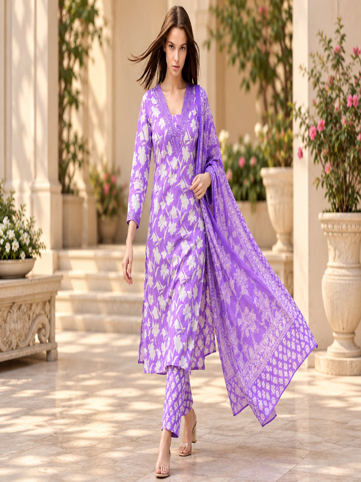Pure Cotton Printed A-Line Kurta Set With Dupatta