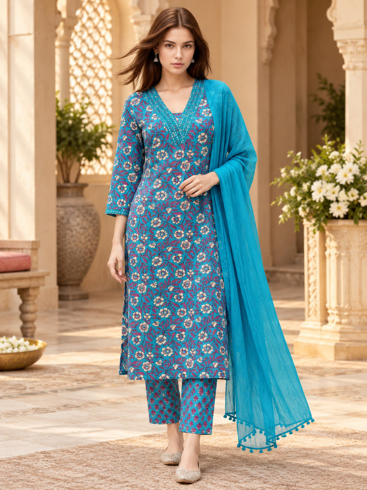 Pure Cotton Printed A-Line Kurta Set With Dupatta
