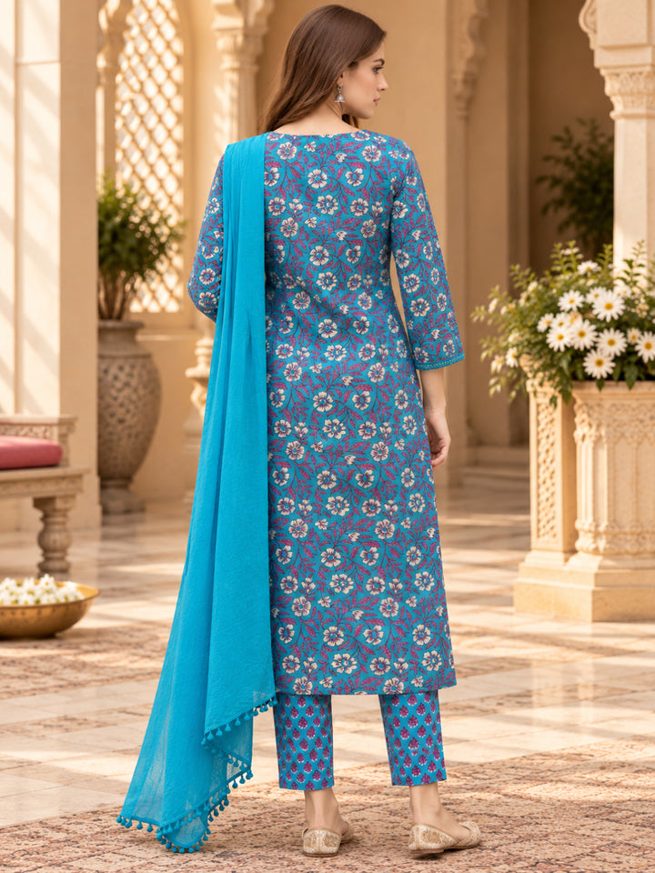 Pure Cotton Printed A-Line Kurta Set With Dupatta