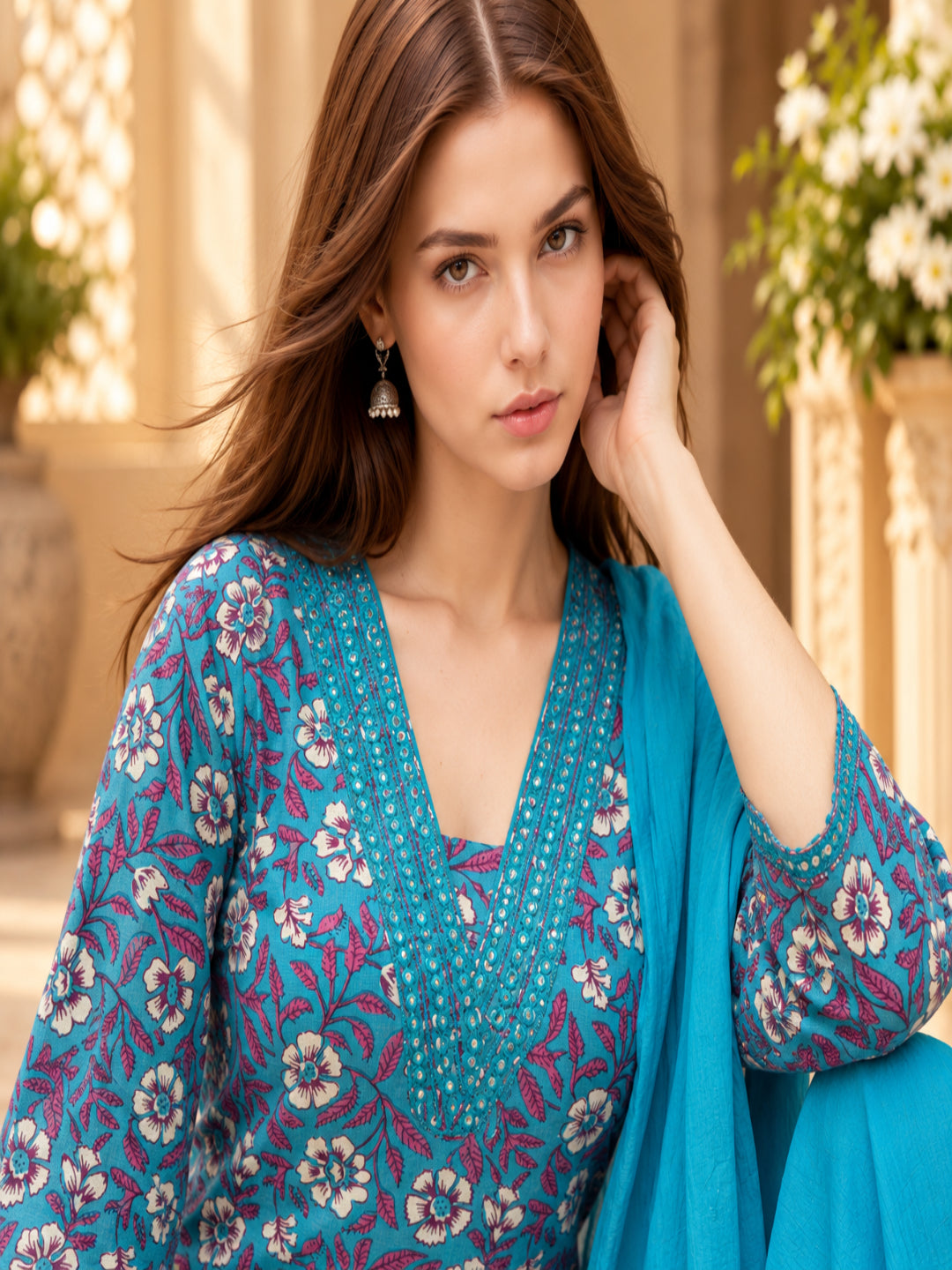 Pure Cotton Printed A-Line Kurta Set With Dupatta