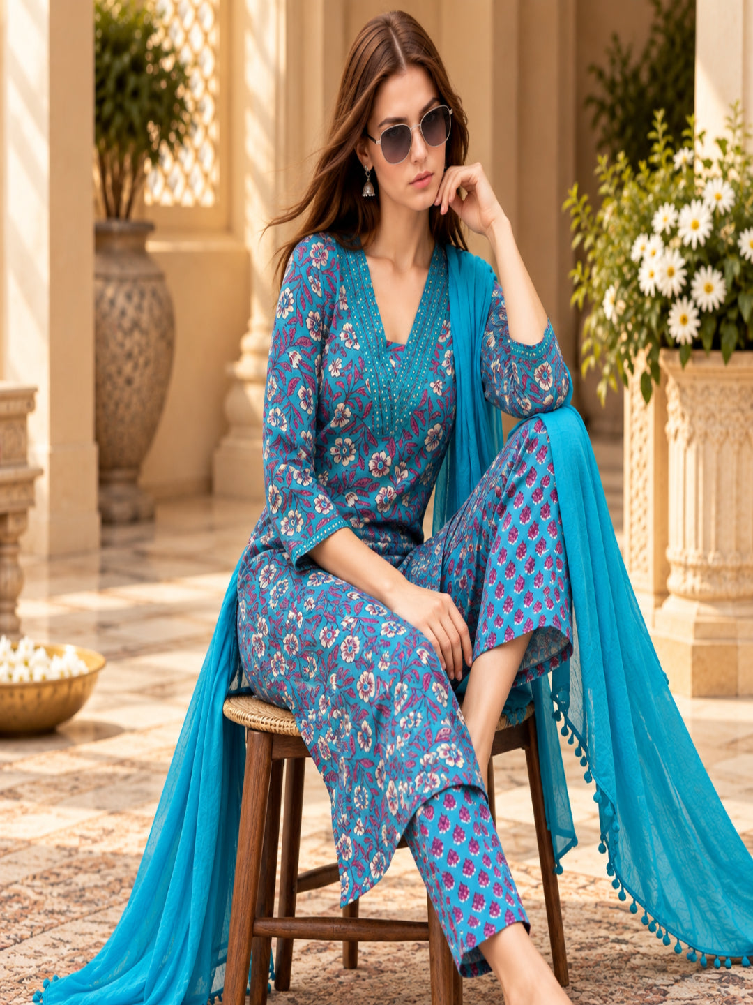Pure Cotton Printed A-Line Kurta Set With Dupatta
