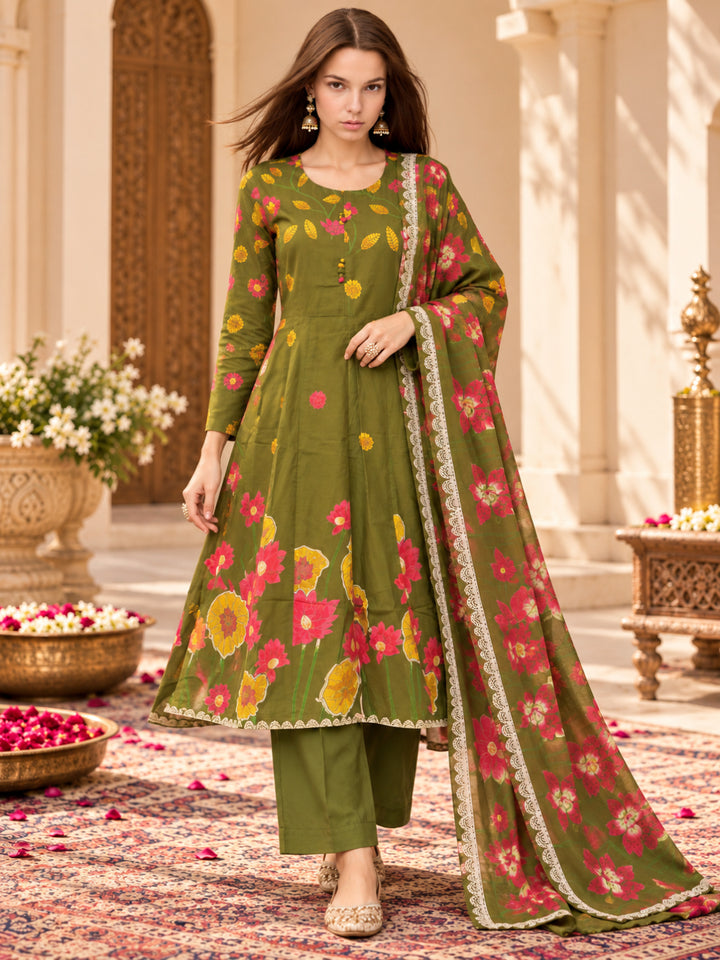 Pure Cotton Printed A-Line Kurta Set With Dupatta
