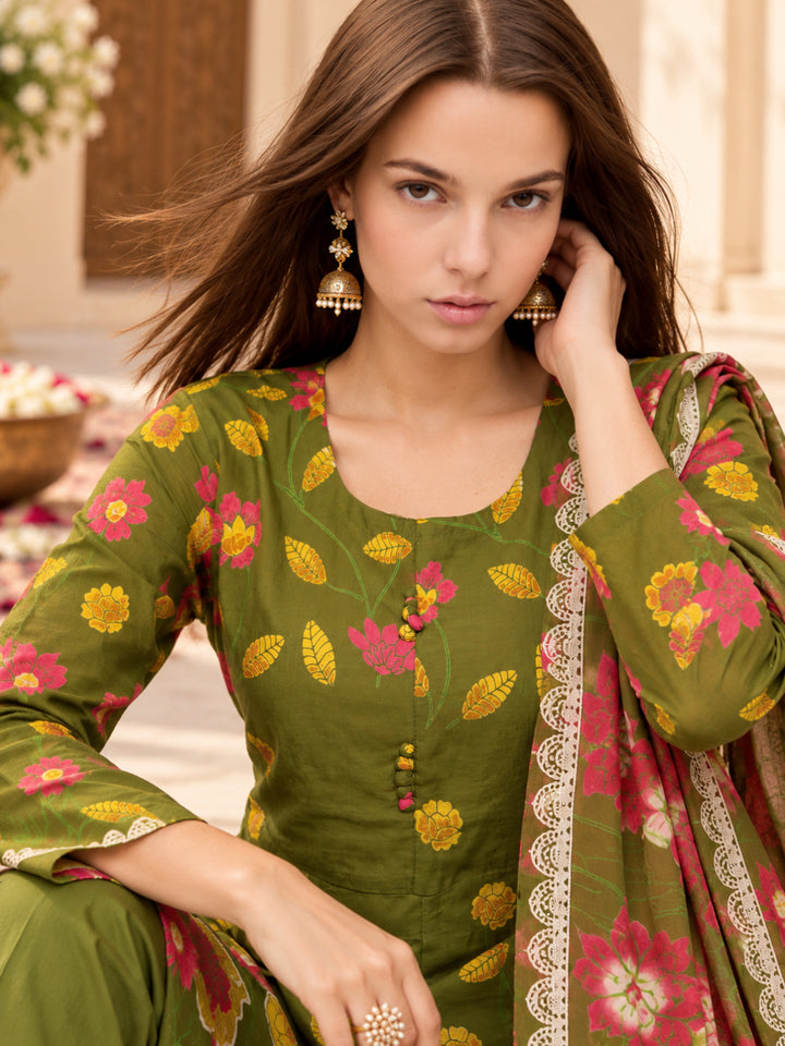 Pure Cotton Printed A-Line Kurta Set With Dupatta