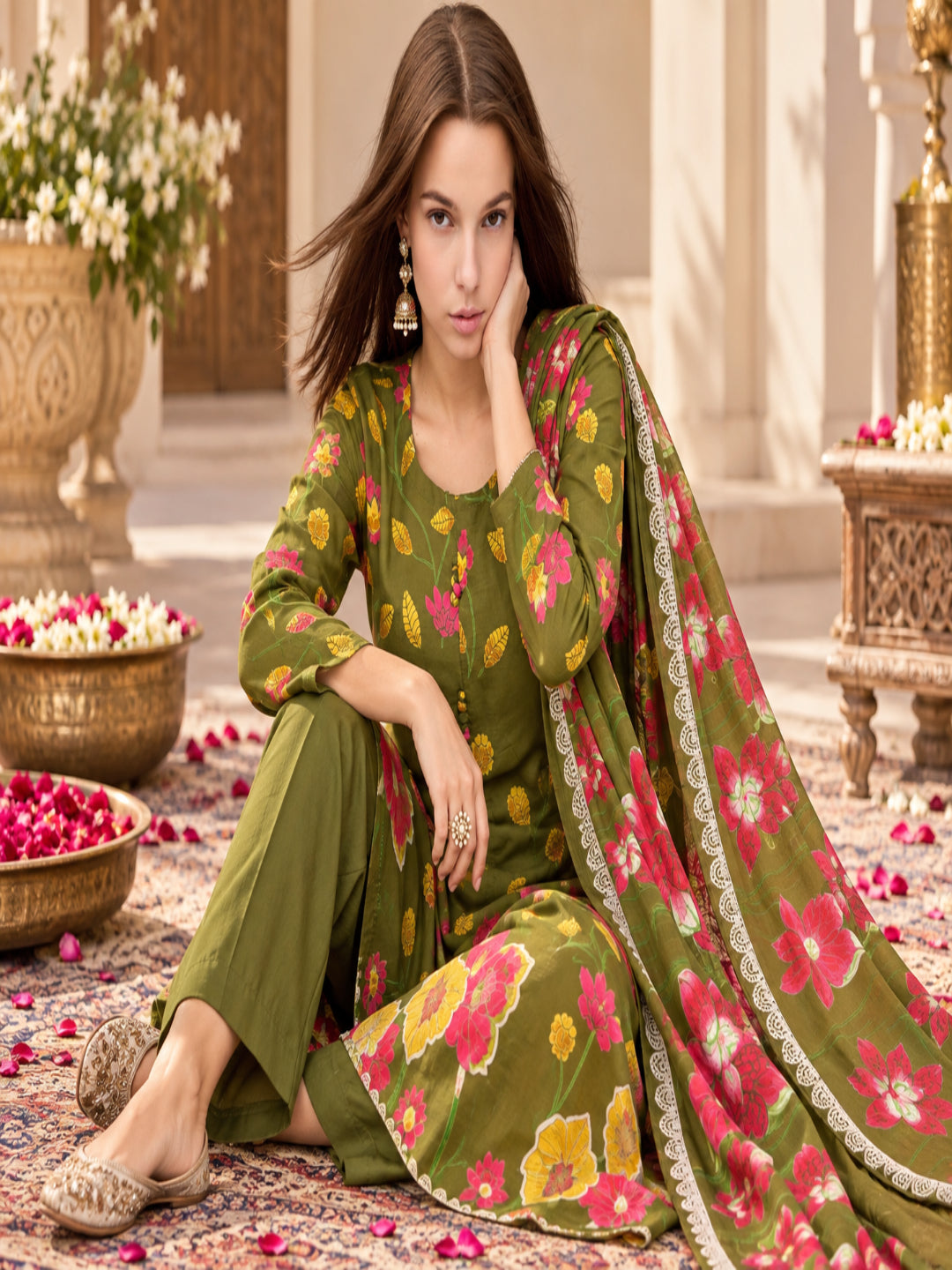 Pure Cotton Printed A-Line Kurta Set With Dupatta