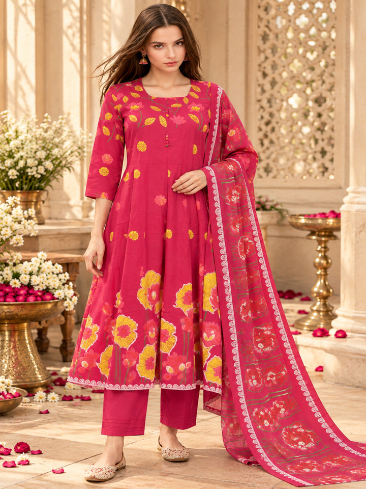Pure Cotton Printed A-Line Kurta Set With Dupatta