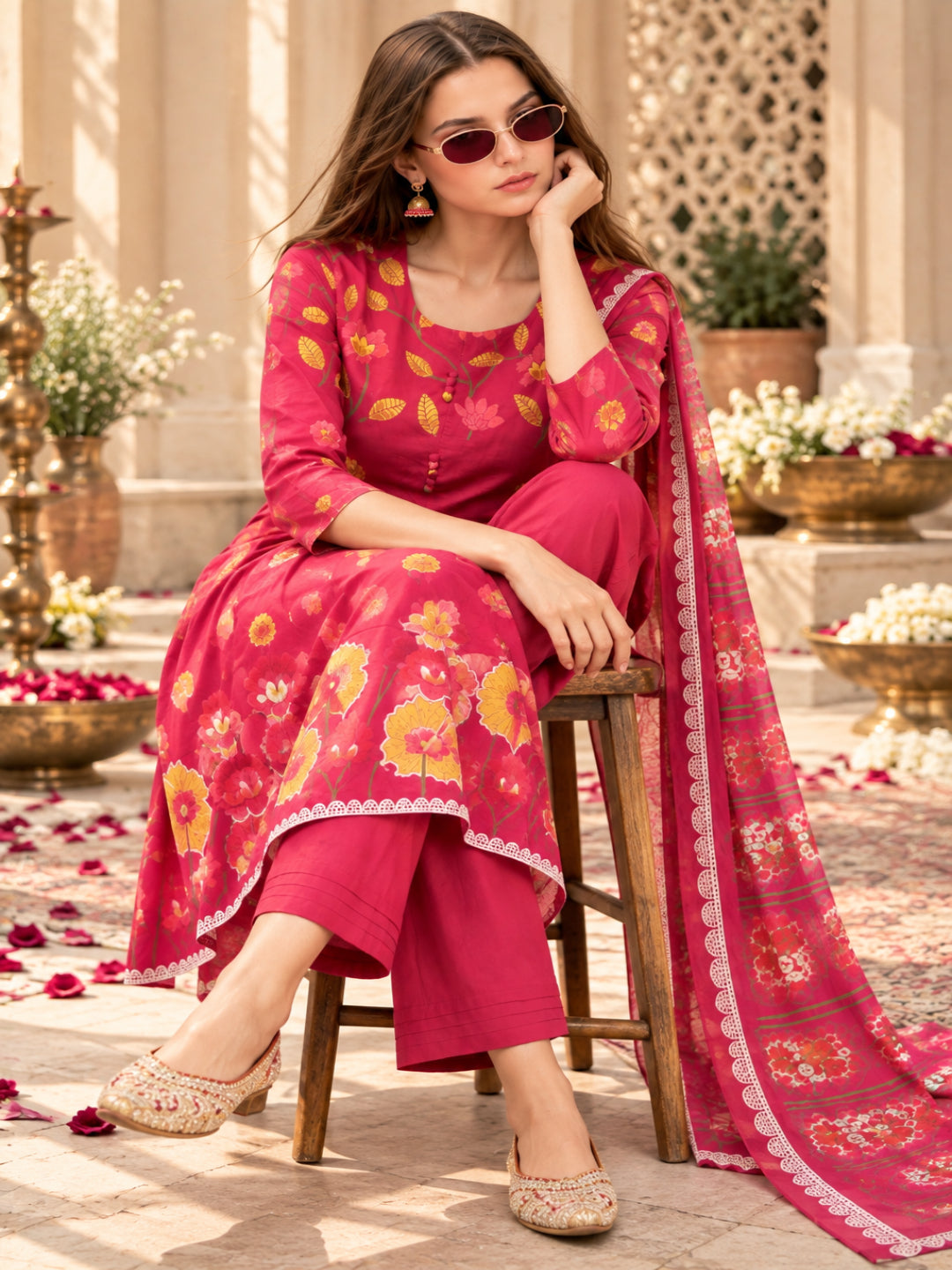 Pure Cotton Printed A-Line Kurta Set With Dupatta