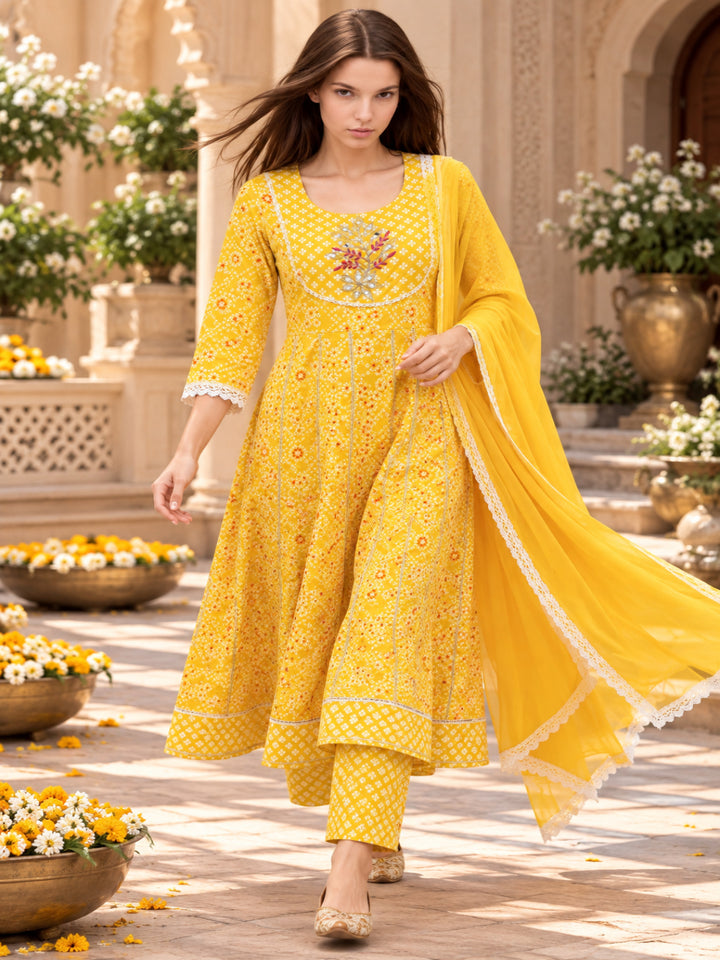 Viscose Rayon Printed A-Line Kurta Set With Dupatta