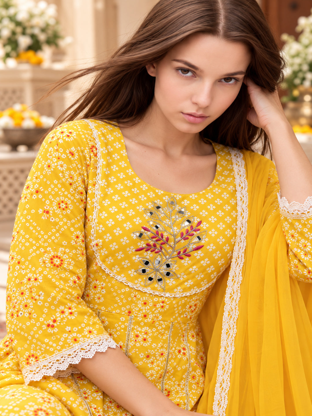 Viscose Rayon Printed A-Line Kurta Set With Dupatta