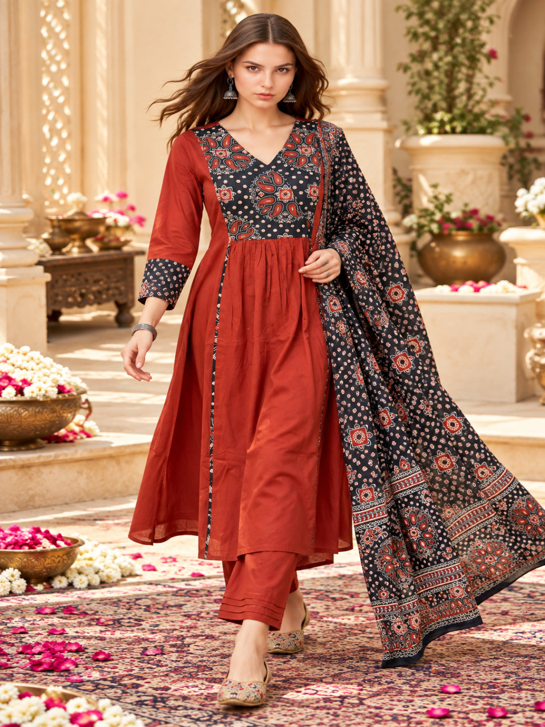 Pure Cotton  A-Line Kurta Set With Dupatta